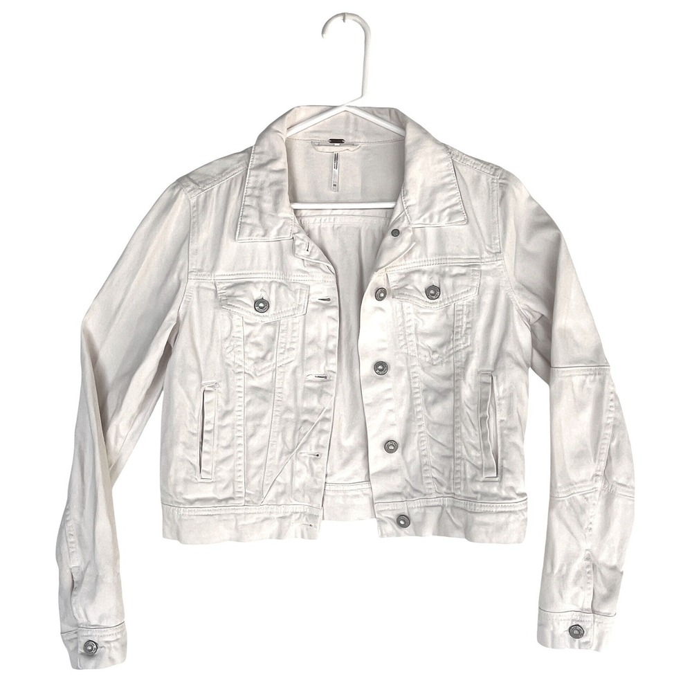 Free People Womens XS Cream Off White Denim Trucker Jacket Button Up Cotton
